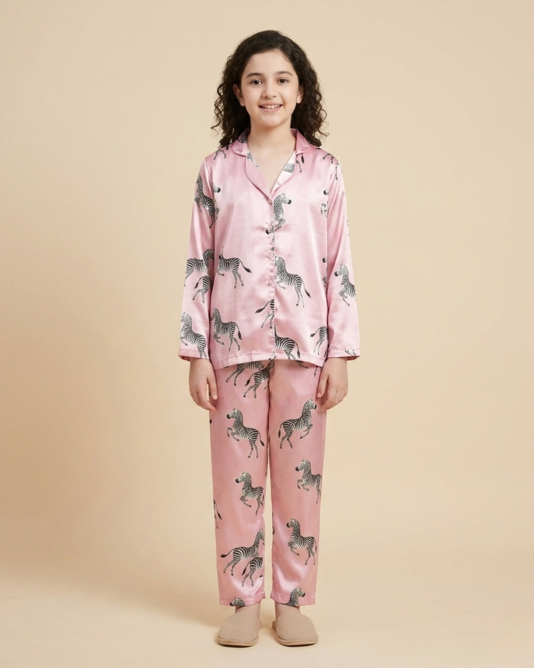 Pink Satin Printed Full Sleeves Collar Night Suit for Girls