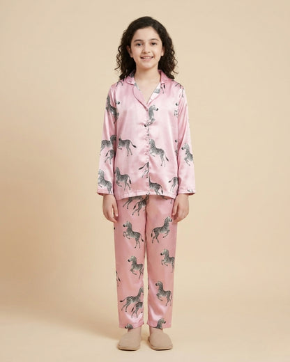 Pink Satin Printed Full Sleeves Collar Night Suit for Girls