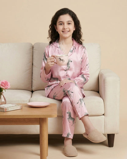 Pink Satin Printed Full Sleeves Collar Night Suit for Girls