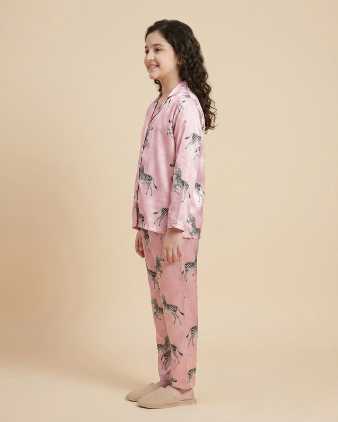 Pink Satin Printed Full Sleeves Collar Night Suit for Girls