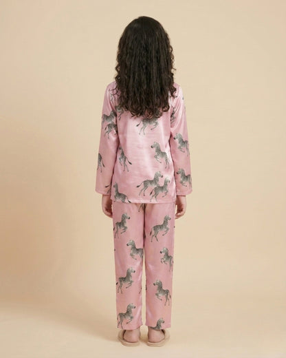 Pink Satin Printed Full Sleeves Collar Night Suit for Girls
