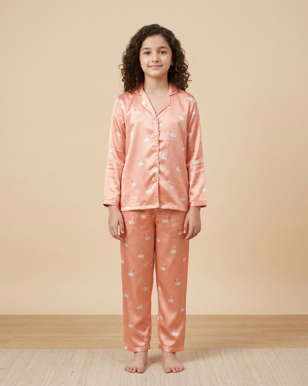 Peach Satin Printed Full Sleeves Collar Night Suit for Girls