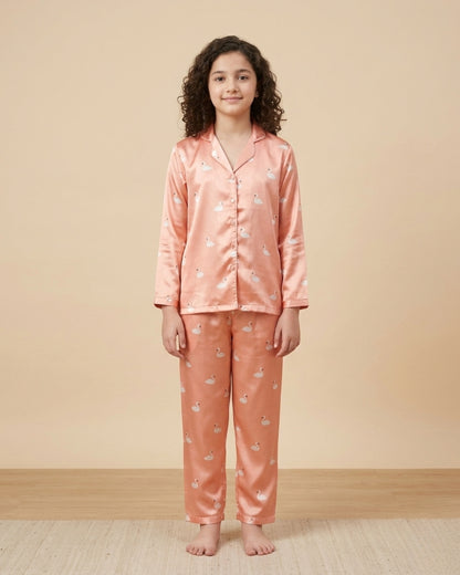 Peach Satin Printed Full Sleeves Collar Night Suit for Girls