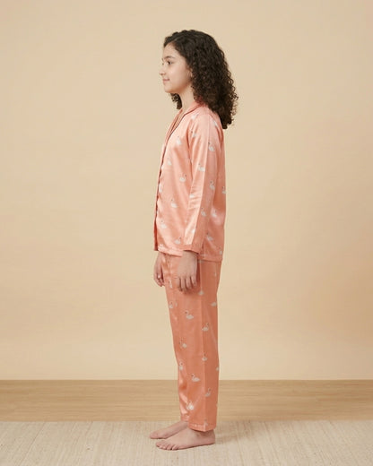 Peach Satin Printed Full Sleeves Collar Night Suit for Girls
