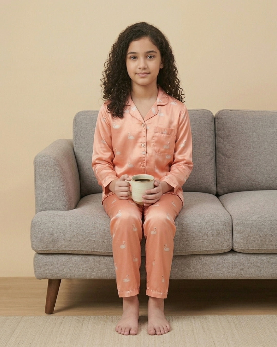 Peach Satin Printed Full Sleeves Collar Night Suit for Girls