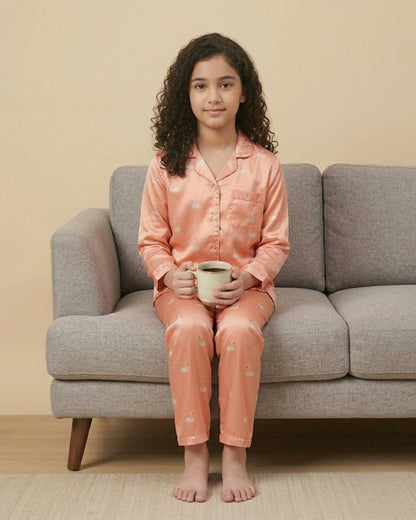 Peach Satin Printed Full Sleeves Collar Night Suit for Girls