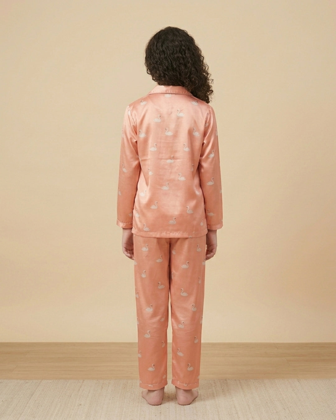 Peach Satin Printed Full Sleeves Collar Night Suit for Girls