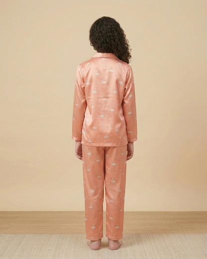 Peach Satin Printed Full Sleeves Collar Night Suit for Girls