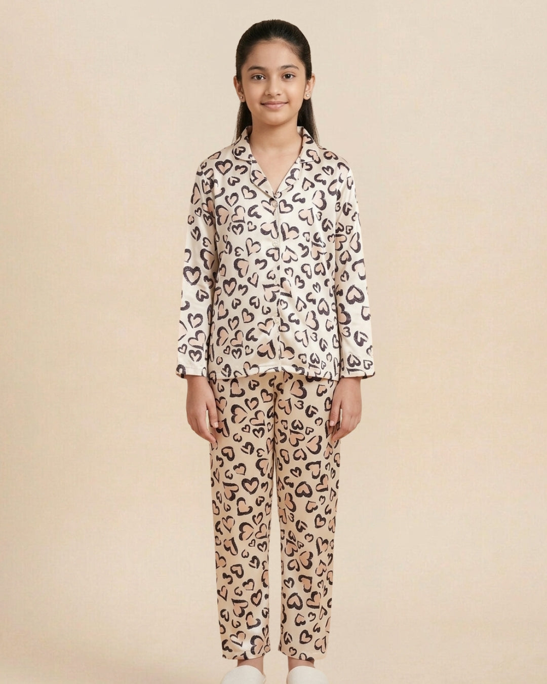 Pink Satin Heart Printed Full Sleeves Collar Night Suit for Girls