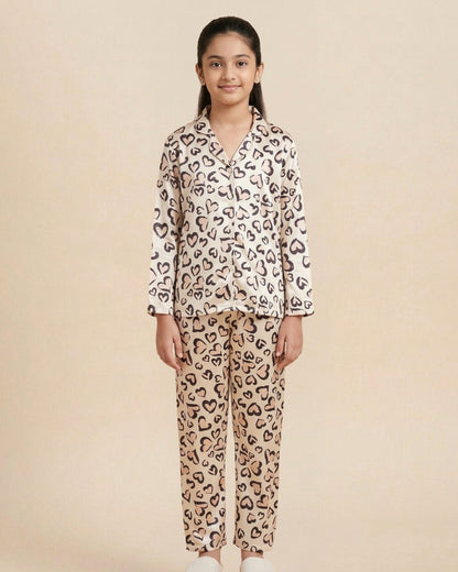 Pink Satin Heart Printed Full Sleeves Collar Night Suit for Girls