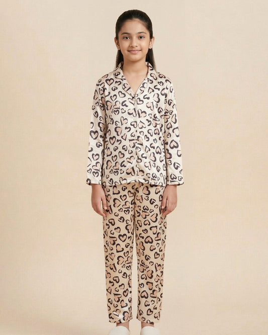 Pink Satin Heart Printed Full Sleeves Collar Night Suit for Girls