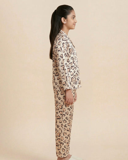 Pink Satin Heart Printed Full Sleeves Collar Night Suit for Girls