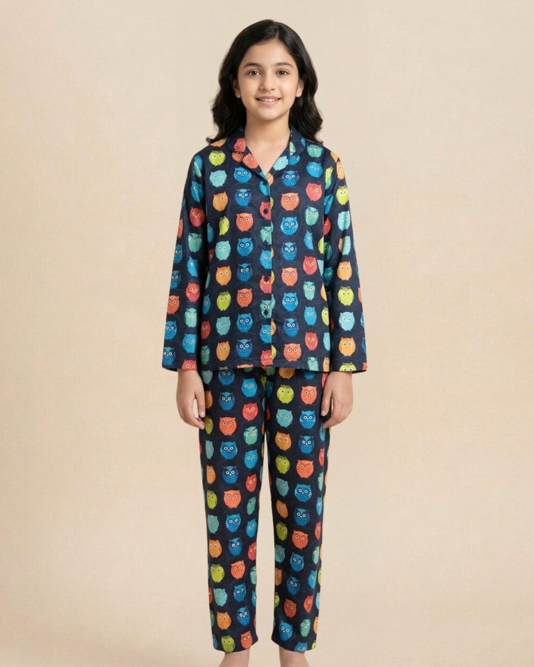 Blue Satin Owl Printed Full Sleeves Collar Night Suit for Girls