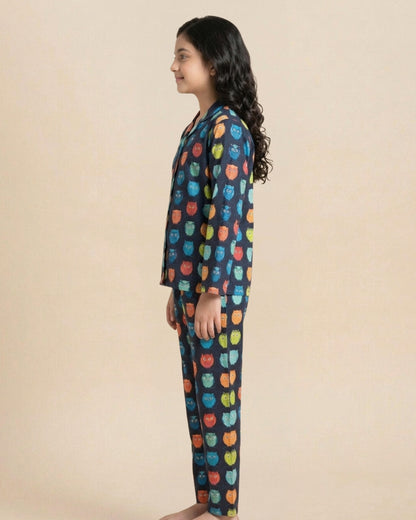 Blue Satin Owl Printed Full Sleeves Collar Night Suit for Girls