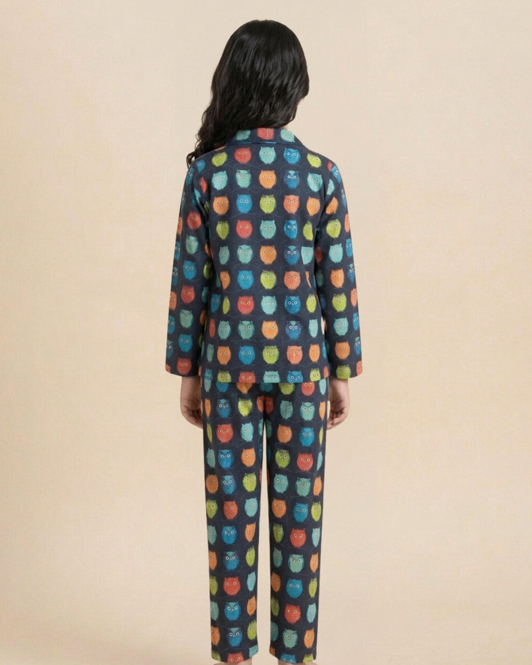 Blue Satin Owl Printed Full Sleeves Collar Night Suit for Girls