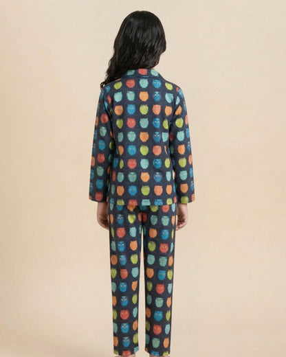 Blue Satin Owl Printed Full Sleeves Collar Night Suit for Girls