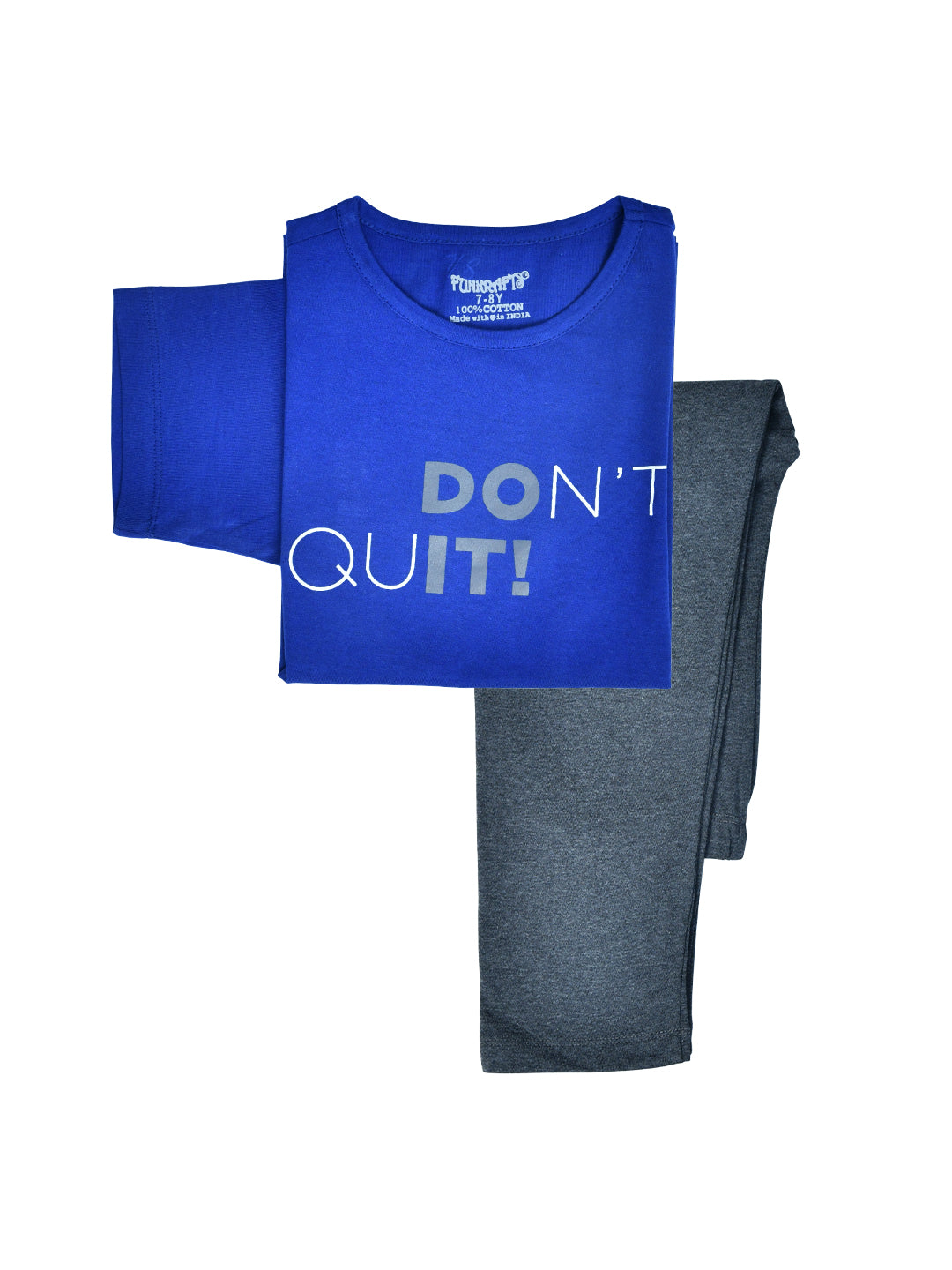 Blue & Grey Typographic Printed Cotton Loungewear for Boys