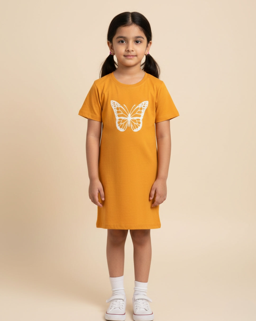 Mustard Butterfly Printed Cotton Night Dress for Girls