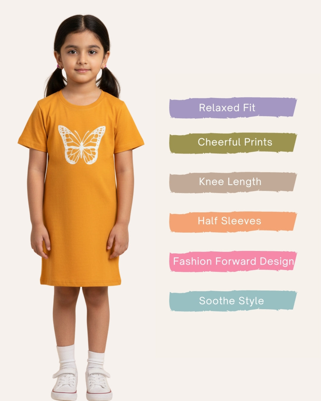 Mustard Butterfly Printed Cotton Night Dress for Girls