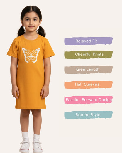 Mustard Butterfly Printed Cotton Night Dress for Girls