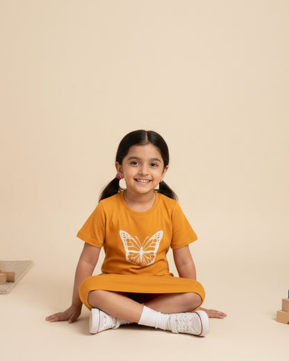 Mustard Butterfly Printed Cotton Night Dress for Girls