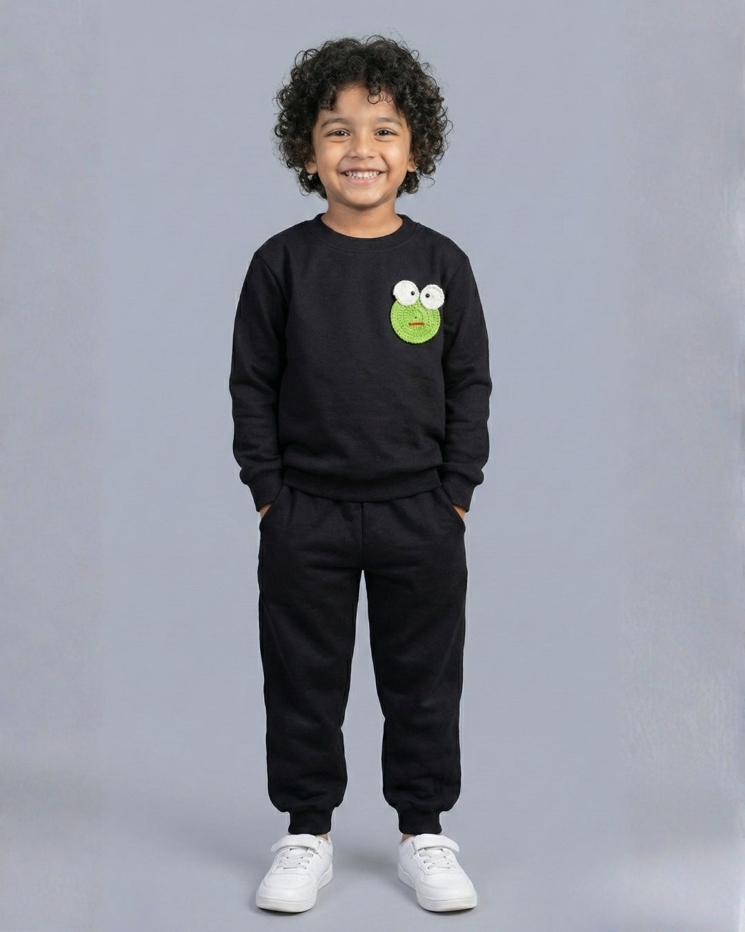 Funkrafts Boys Premium Cotton Full Sleeves Frog Embellishment Jogger Set - Black