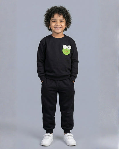 Funkrafts Boys Premium Cotton Full Sleeves Frog Embellishment Jogger Set - Black