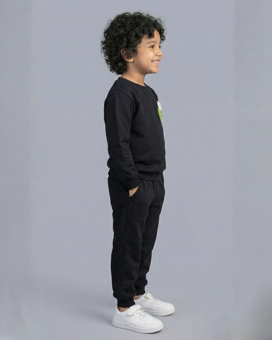 Funkrafts Boys Premium Cotton Full Sleeves Frog Embellishment Jogger Set - Black