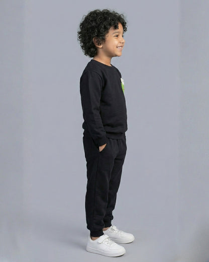 Funkrafts Boys Premium Cotton Full Sleeves Frog Embellishment Jogger Set - Black