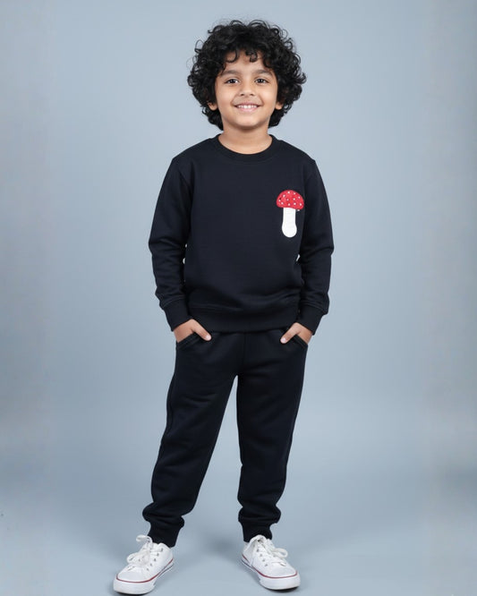Black Premium Cotton Full Sleeves Jogger Set for Kids with Mushroom Crochet Embellishment