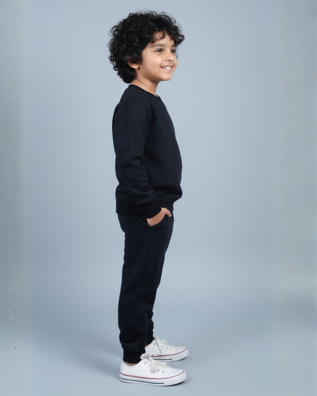 Black Premium Cotton Full Sleeves Jogger Set for Kids with Mushroom Crochet Embellishment