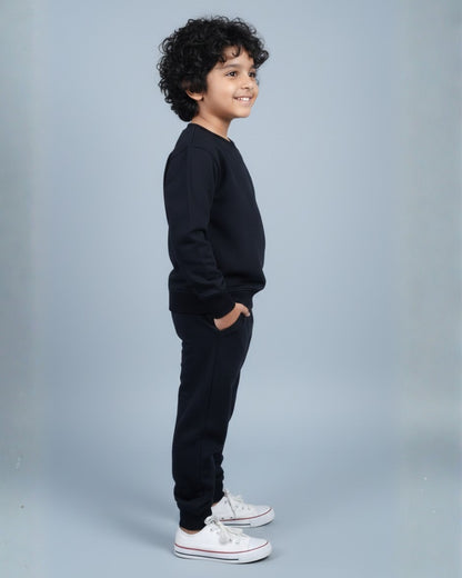 Black Premium Cotton Full Sleeves Jogger Set for Kids with Mushroom Crochet Embellishment