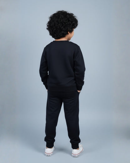 Black Premium Cotton Full Sleeves Jogger Set for Kids with Mushroom Crochet Embellishment