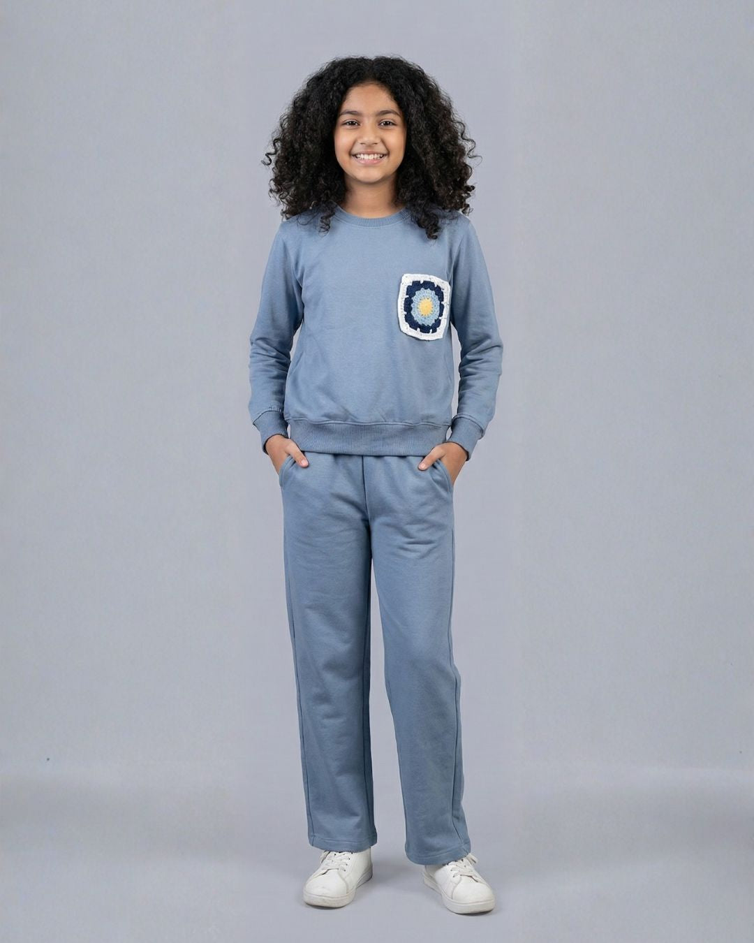 Crochet Flower Applique Premium Cotton Full Sleeves Blue Jogger Set for Girls