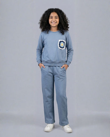 Crochet Flower Applique Premium Cotton Full Sleeves Blue Jogger Set for Girls
