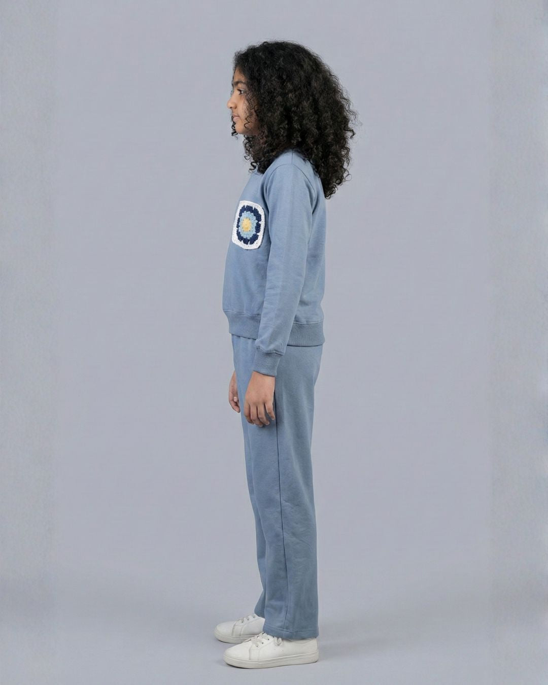 Crochet Flower Applique Premium Cotton Full Sleeves Blue Jogger Set for Girls
