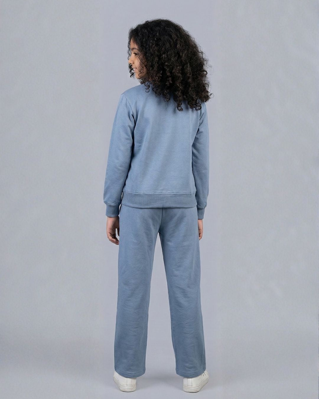 Crochet Flower Applique Premium Cotton Full Sleeves Blue Jogger Set for Girls