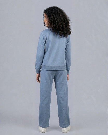 Crochet Flower Applique Premium Cotton Full Sleeves Blue Jogger Set for Girls
