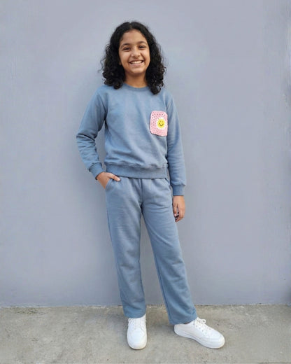 Handcrafted Crochet Flower Applique Blue Full Sleeves Jogger Set for Girls