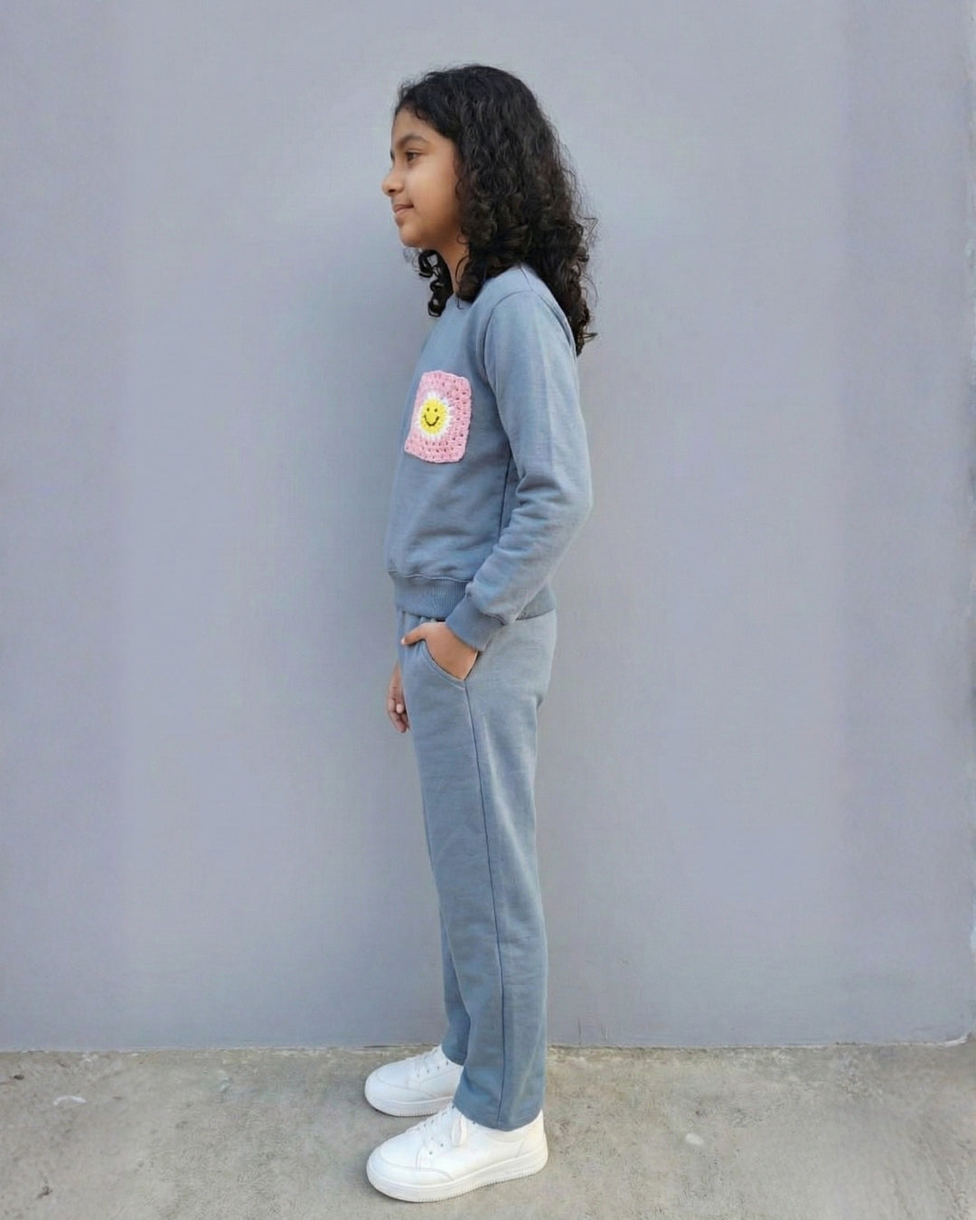 Handcrafted Crochet Flower Applique Blue Full Sleeves Jogger Set for Girls