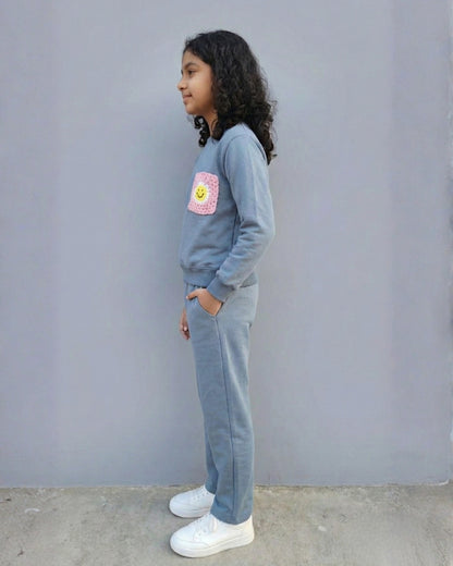 Handcrafted Crochet Flower Applique Blue Full Sleeves Jogger Set for Girls