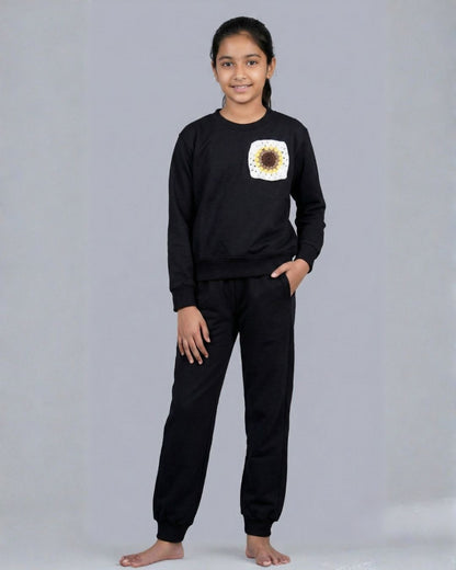 Black Premium Cotton Full Sleeves Jogger Set for Girls with Crochet Flower Applique