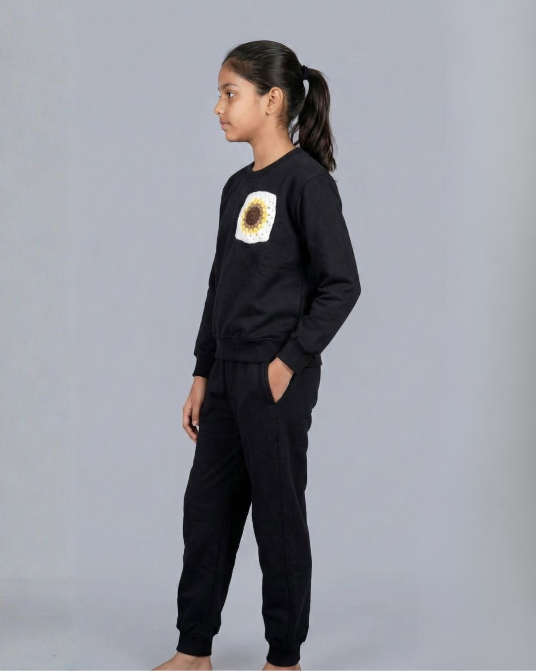 Black Premium Cotton Full Sleeves Jogger Set for Girls with Crochet Flower Applique