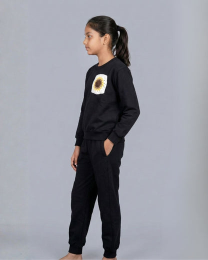 Black Premium Cotton Full Sleeves Jogger Set for Girls with Crochet Flower Applique