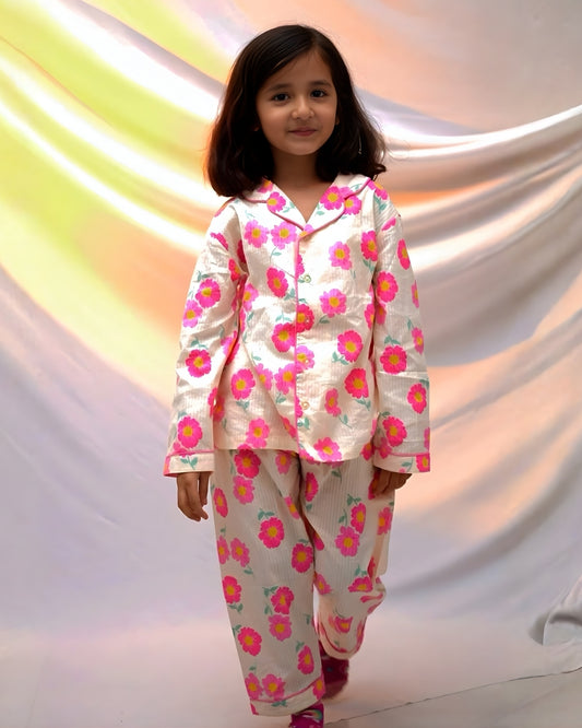 Off White & Pink Premium Cotton Full Sleeves Floral Printed Collar Style Nightsuit for Girls