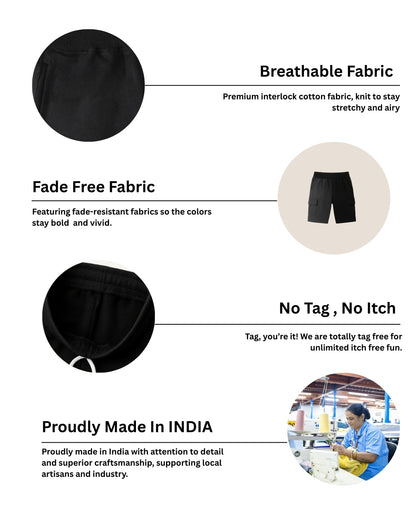 Typographic Printed Premium Cotton Half Sleeves Black T-Shirt with Black Shorts for Boys