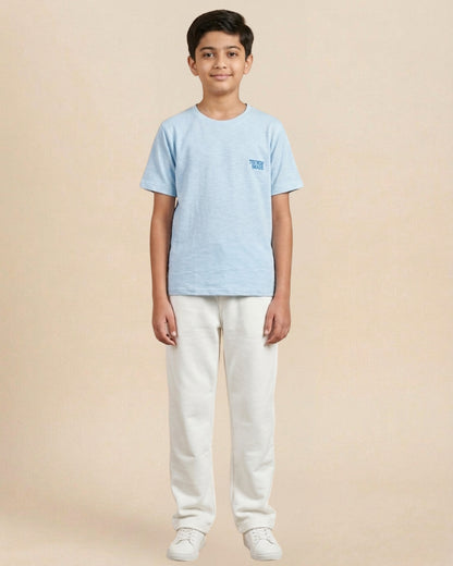 Sky Blue Premium Cotton Typographic Printed T-Shirt with Off-White Pyjama for Boys