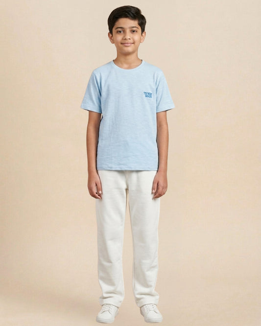 Sky Blue Premium Cotton Typographic Printed T-Shirt with Off-White Pyjama for Boys