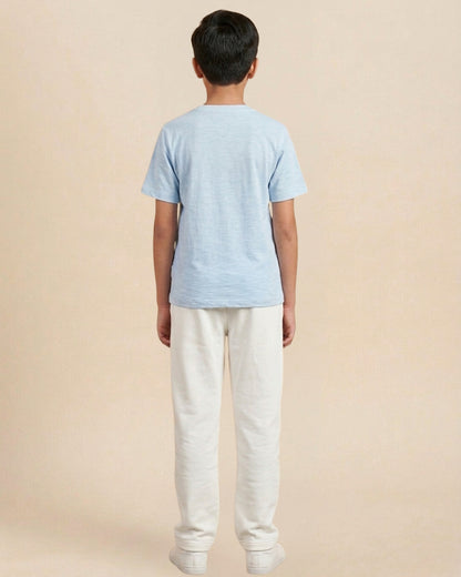 Sky Blue Premium Cotton Typographic Printed T-Shirt with Off-White Pyjama for Boys