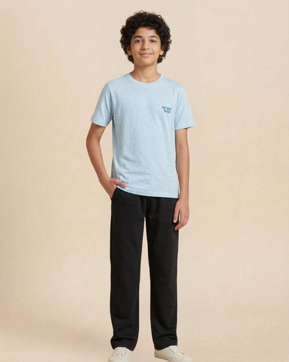 Sky Blue Premium Cotton Typographic Printed T-Shirt with Black Pyjama for Boys